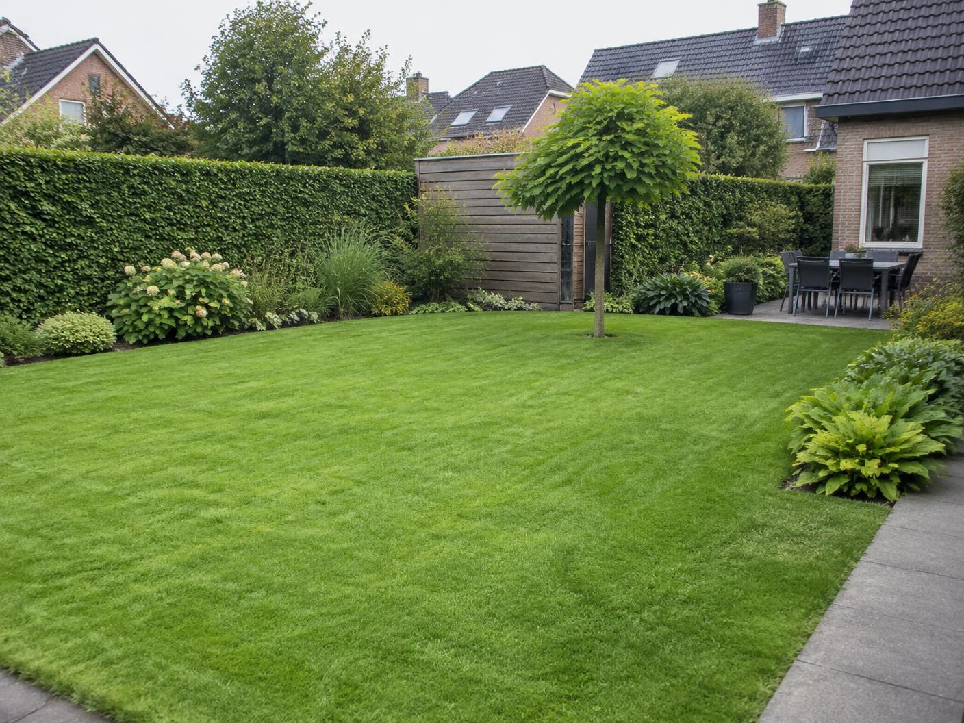 Strak gemaaid gazon met gesnoeide haag en groene borders in een Nederlandse tuin